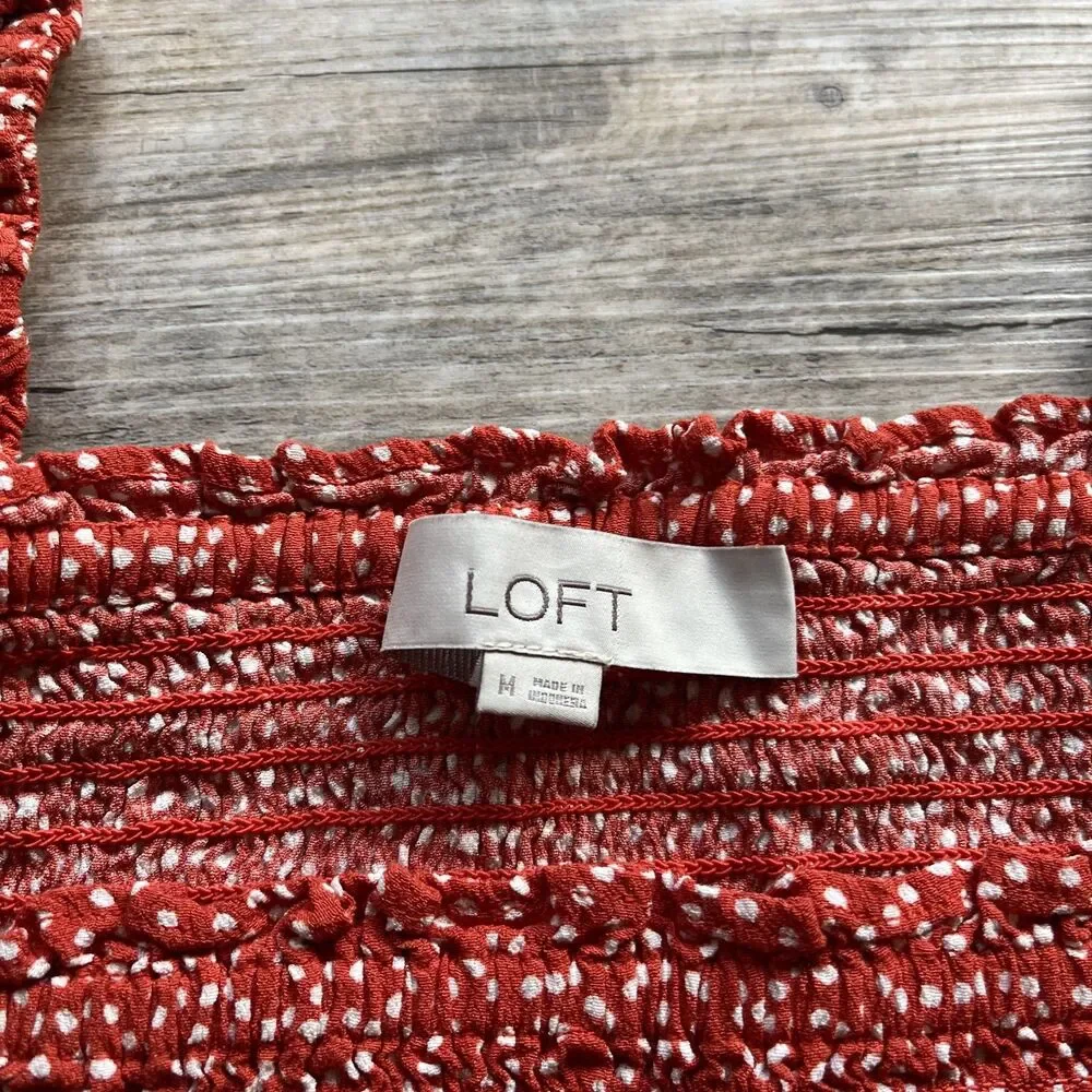 LOFT Puff Sleeve Dotted Smocked Top and Skirt SET Medium Red Orange White
